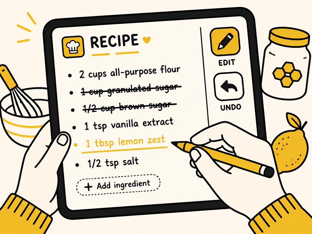 Illustration of recipe steps and ingredients being edited with a pencil