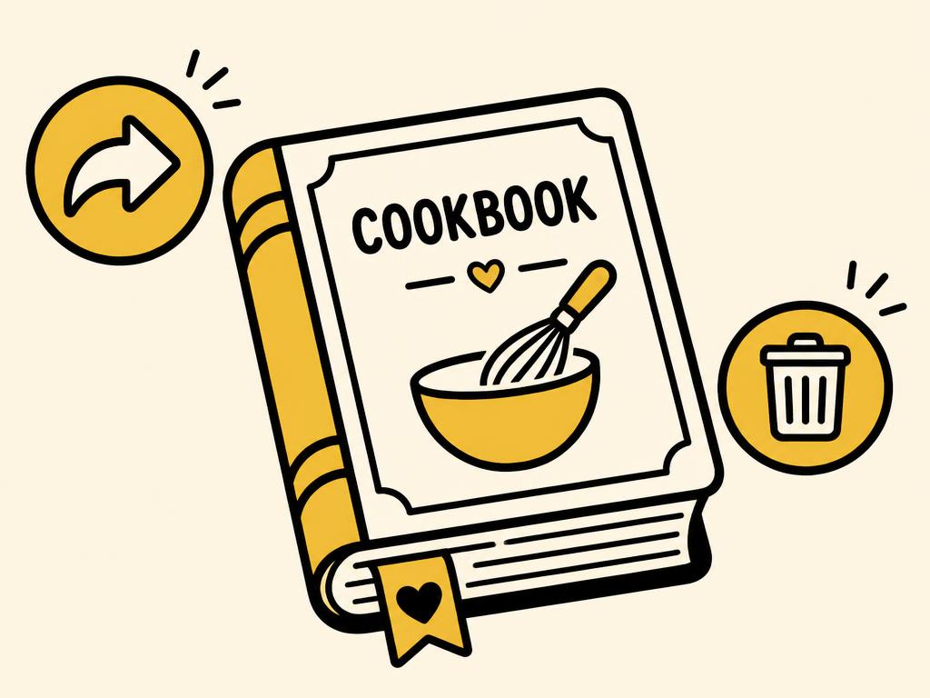 Illustration of a cookbook with save, export and delete icons