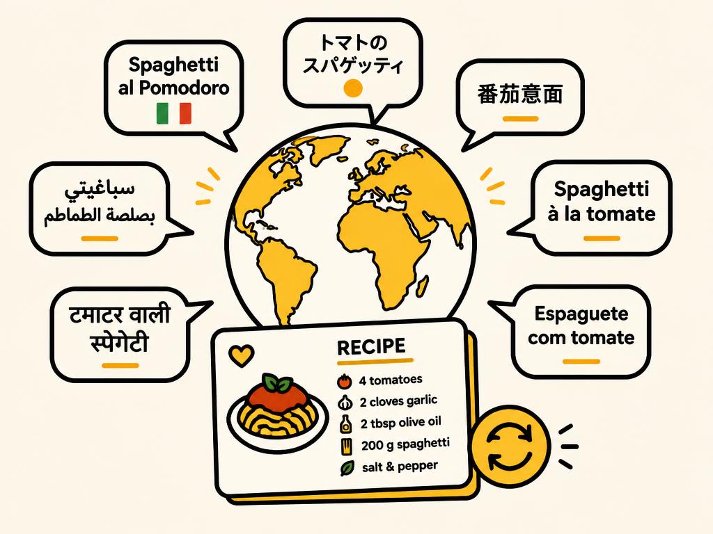 Illustration of a recipe translated into several languages around a globe